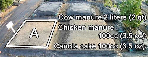 The organic fertilizer needed for row A includes cow manure, chicken manure, and oil cake
