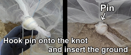 Hook pin onto the knot and insert the ground